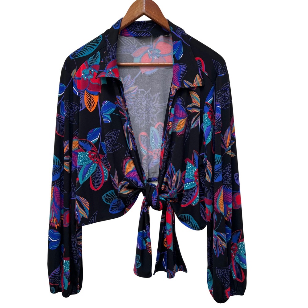 IMAN Women 2XP Black Floral Tie Front Cropped Top Long Sleeve Tropical Vacation